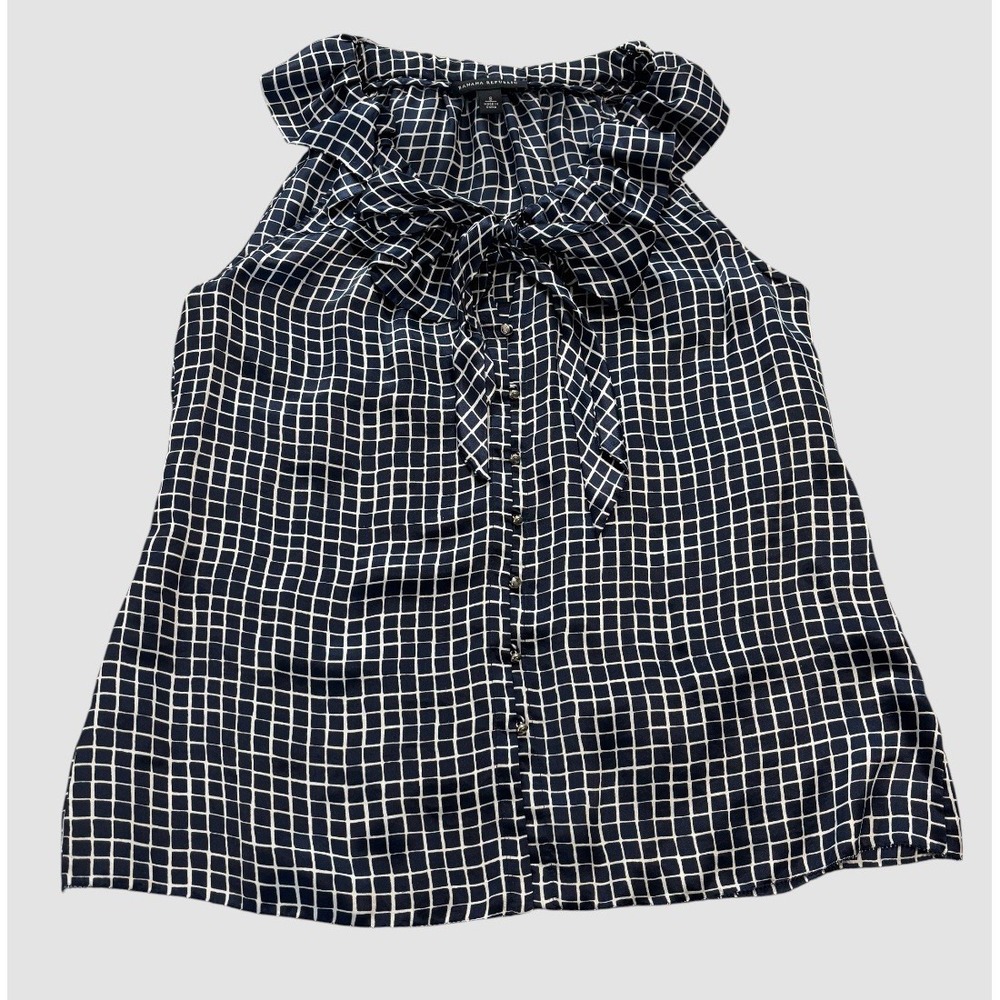 Banana Republic Women's Small Silk Sleeveless Blouse Bow Navy Grid Check